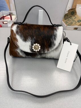 Simone Rocha Brown and White Haircalf Top-Handle Shoulder Bag with Pearl Button